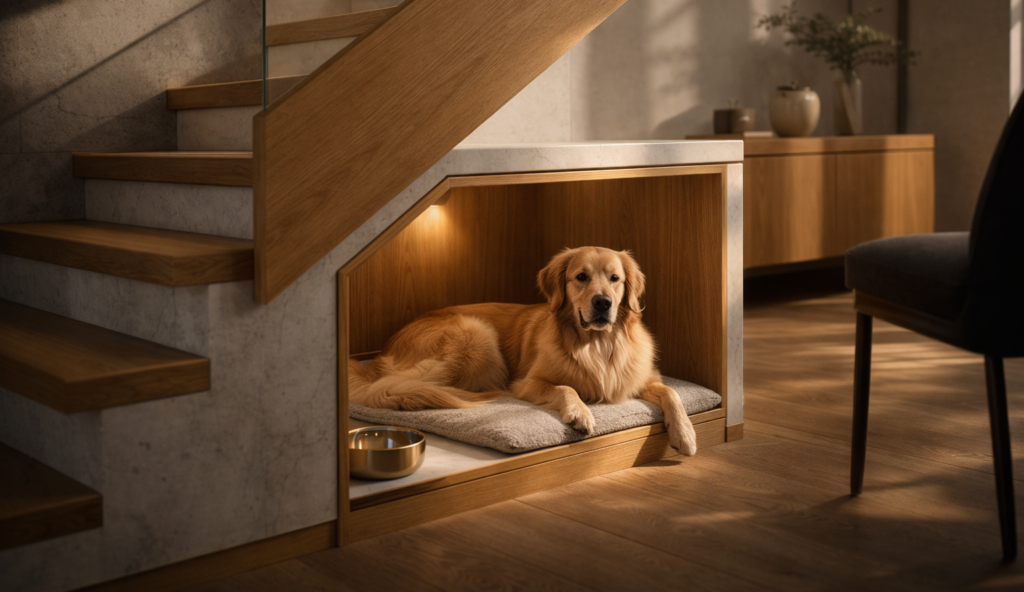 Golden retriever resting under stairs