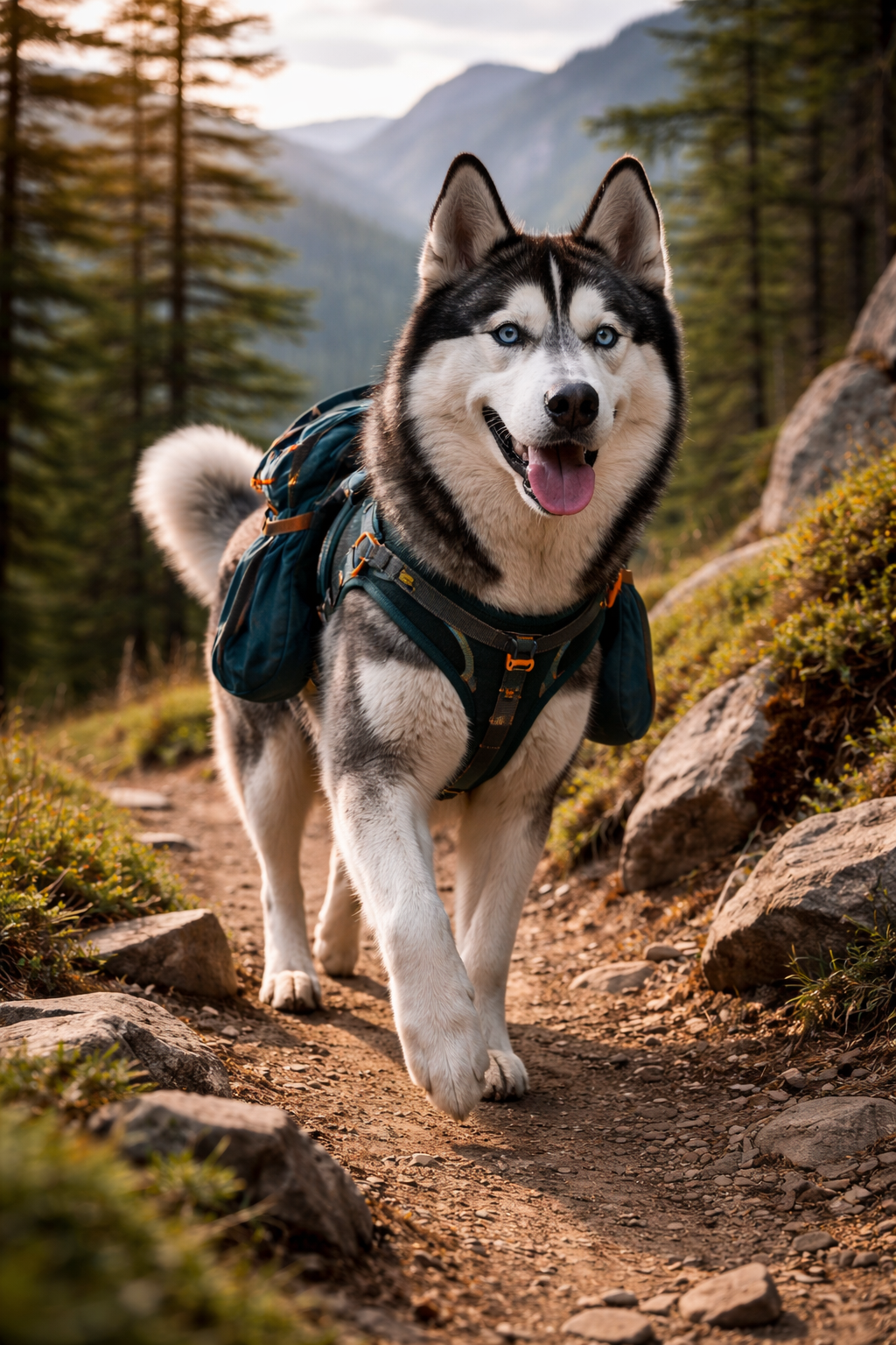 Dog hiking on a mountain trail.