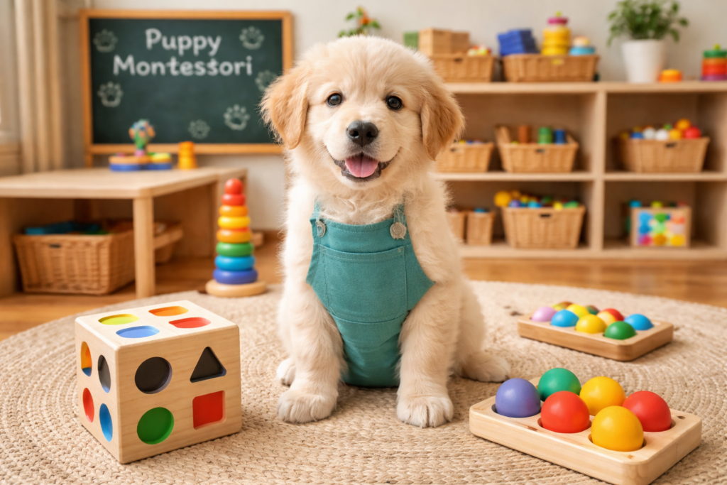 puppy sitting  around toys