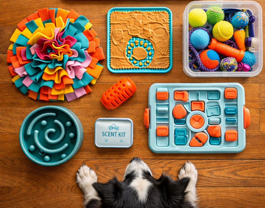 Colorful toys and a dog resting.