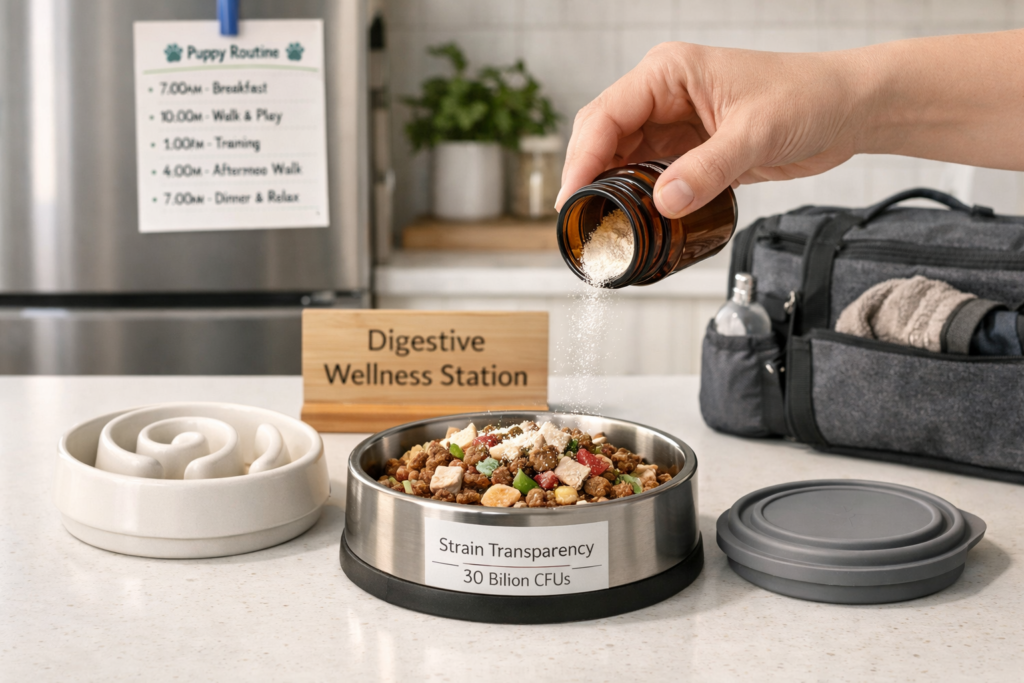 probiotic powder for dogs mixed into food bowl for daily digestive support