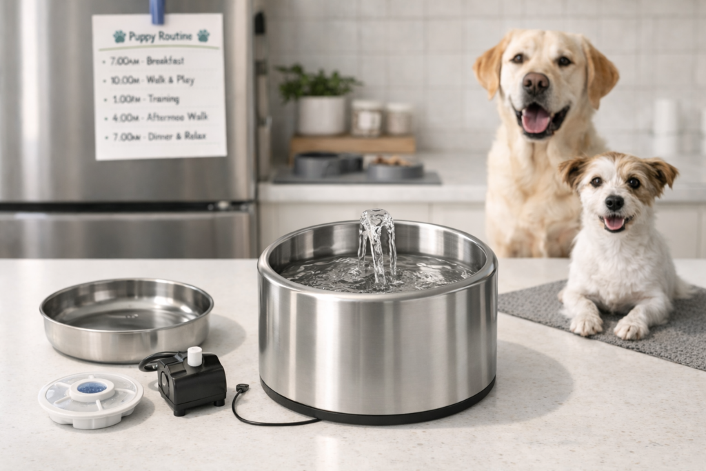 stainless steel pet water fountain in a clean kitchen