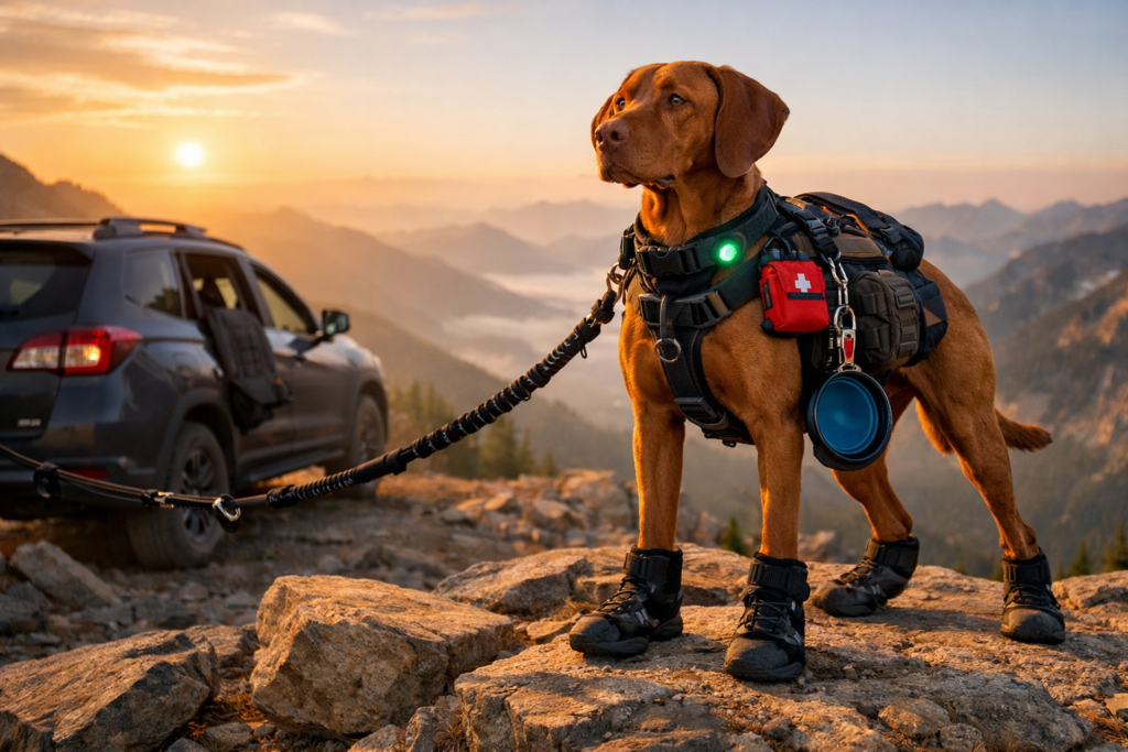 dog hiking boots on a trail at sunset