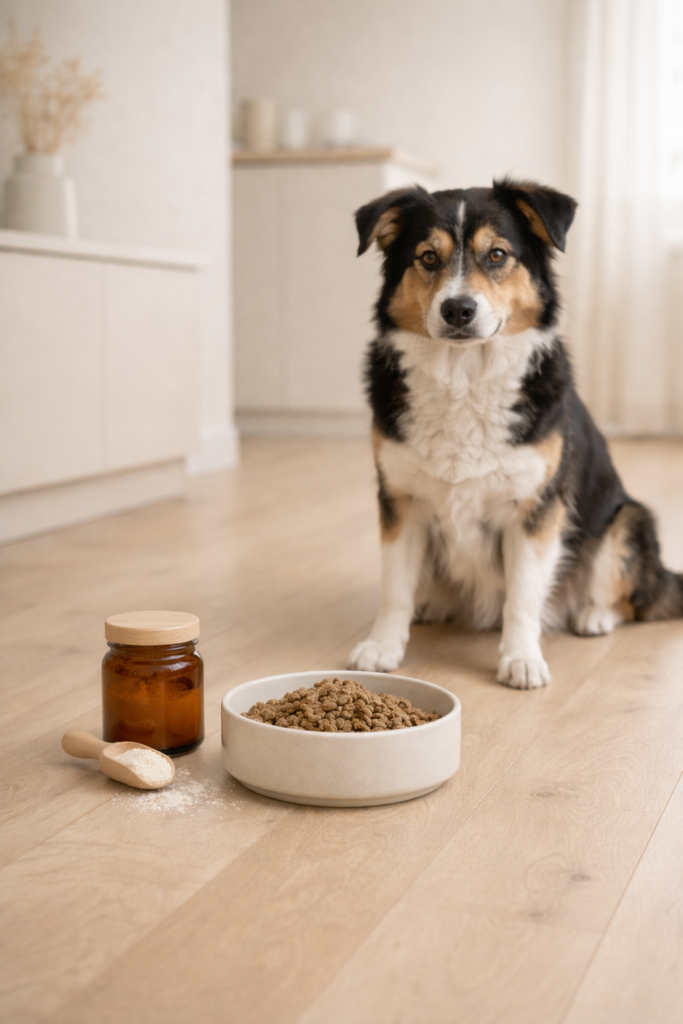 Dog probiotic powder for sensitive stomachs mixed into dog food