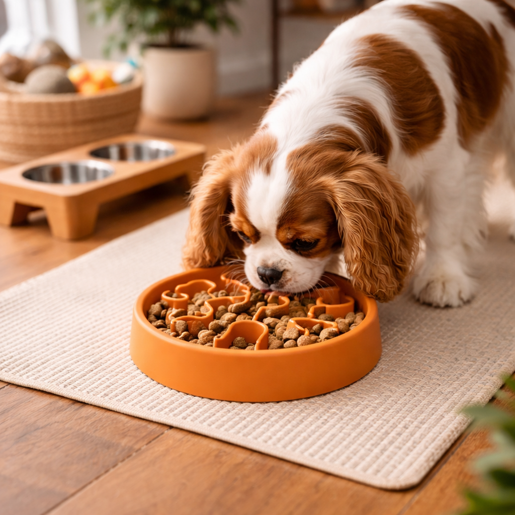Dog enjoying meal in bright kitchen