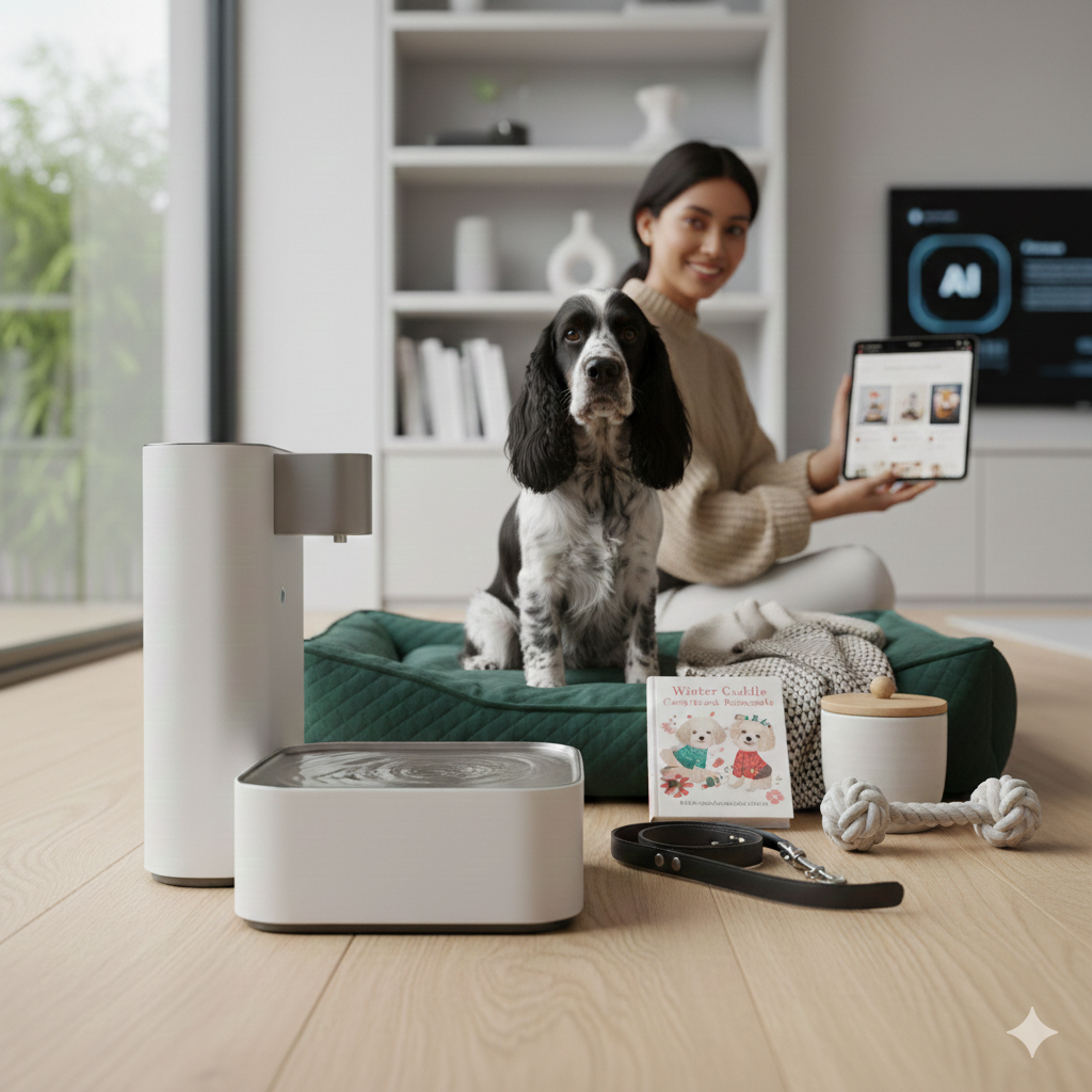 Woman with dog and modern gadgets