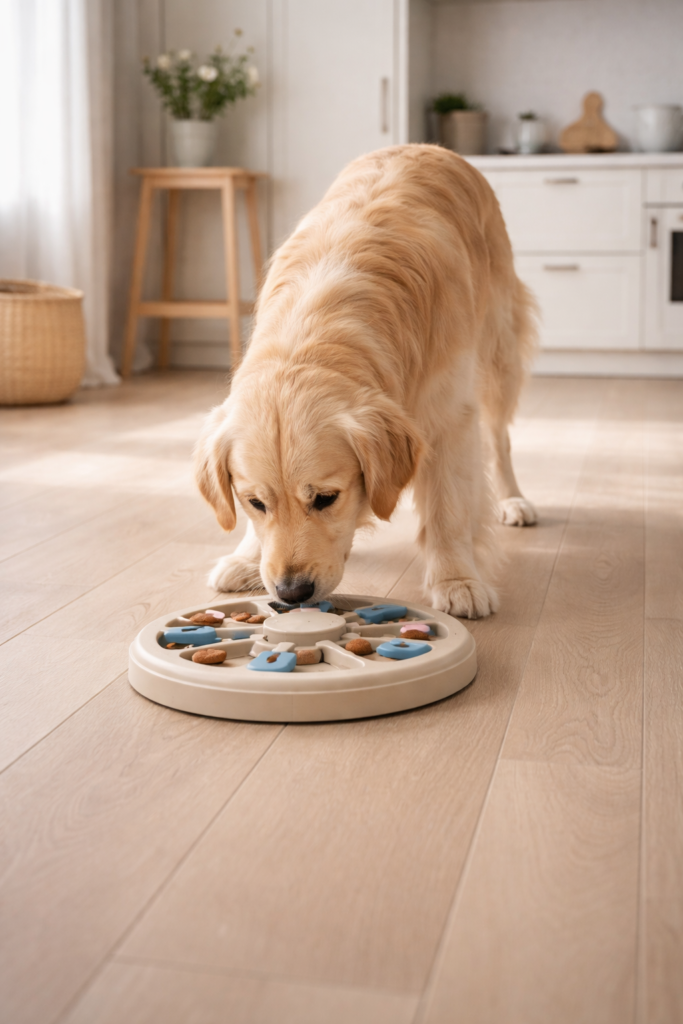 puzzle feeders for fast eaters with a dog eating kibble from a slow puzzle feeder on a kitchen floor