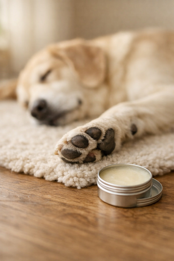 dog paw balm for cracked pads on a dog’s paw