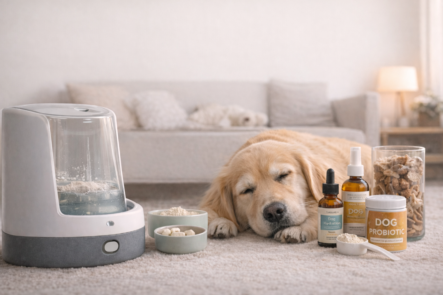 Dog resting beside pet care products.