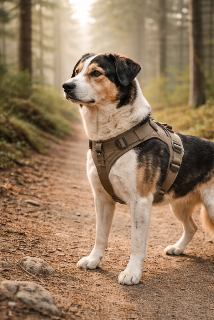 dog hiking harness on a trail with padded chest support and secure fit