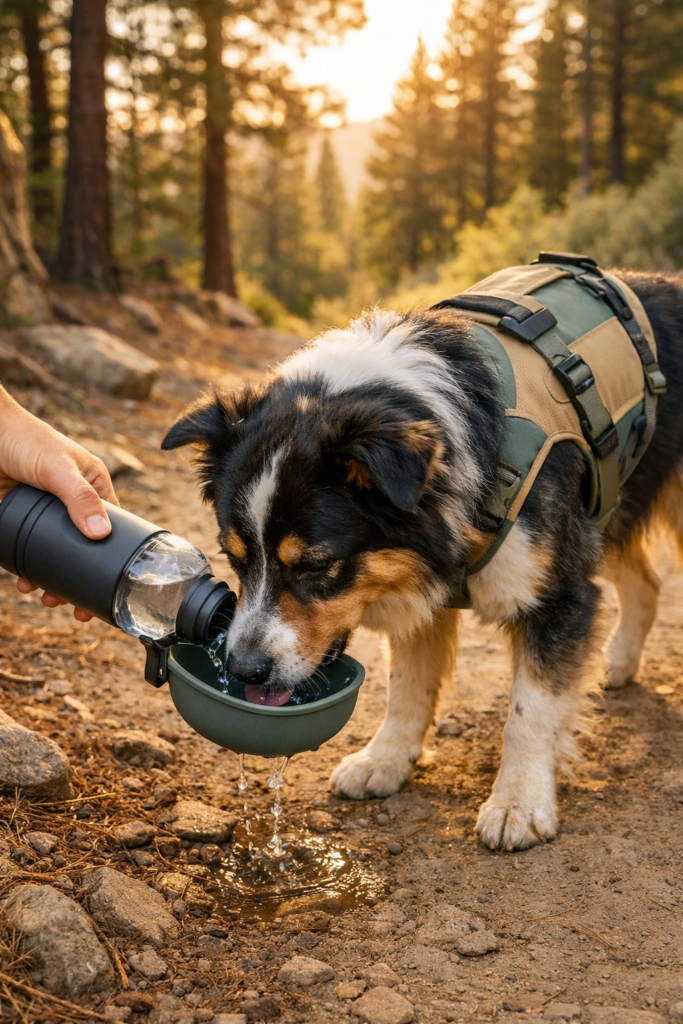 Dog drinking from a portable water bottle on a hike