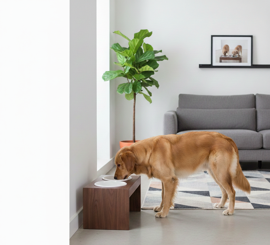 Elevated dog feeders in a modern home