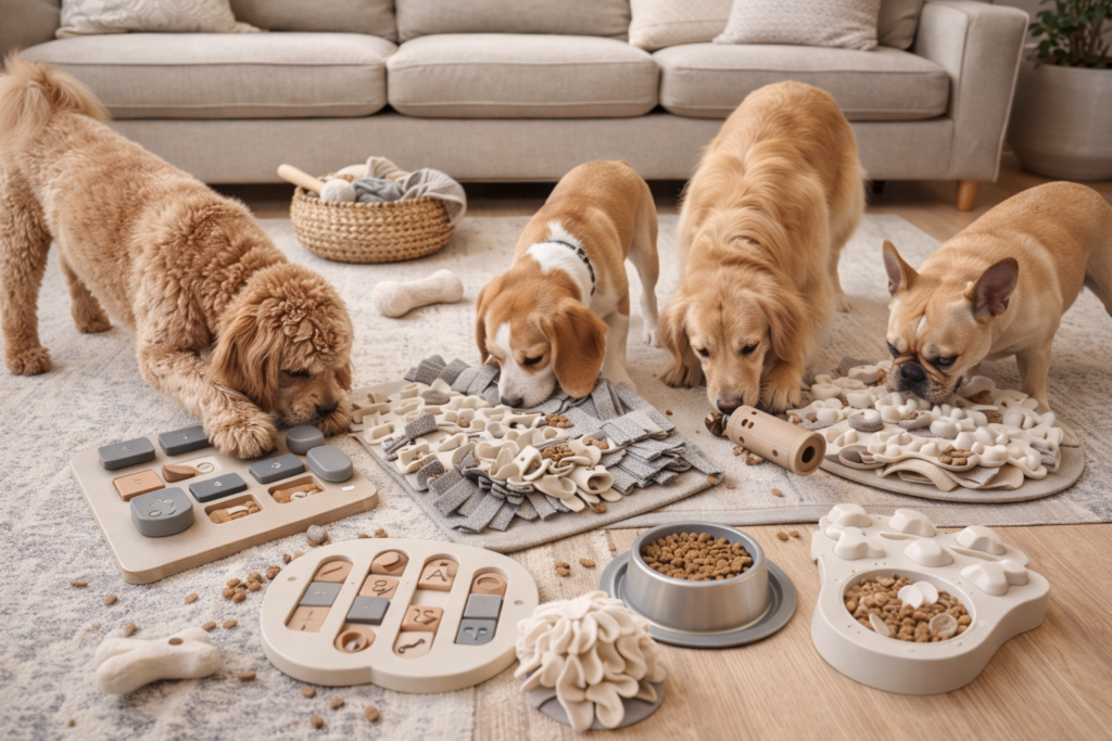 Dogs engaging with interactive toys.
