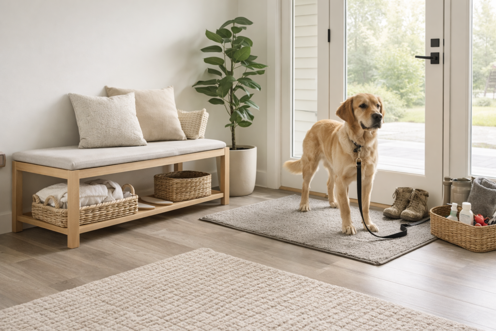 Cozy entryway with a golden retriever.
