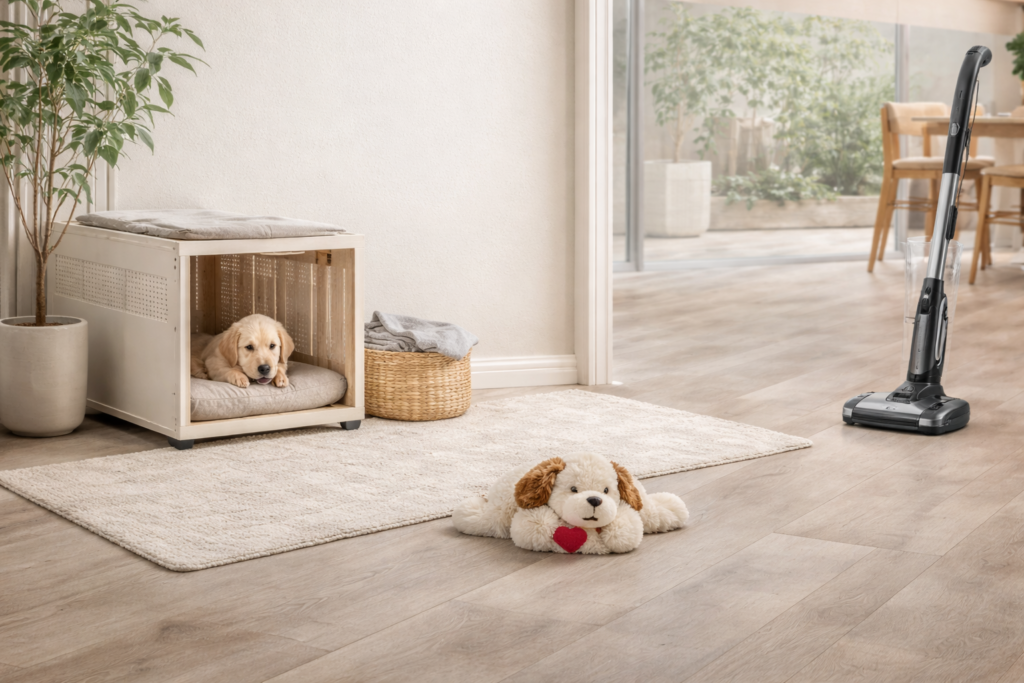 Puppy in crate with toys nearby
