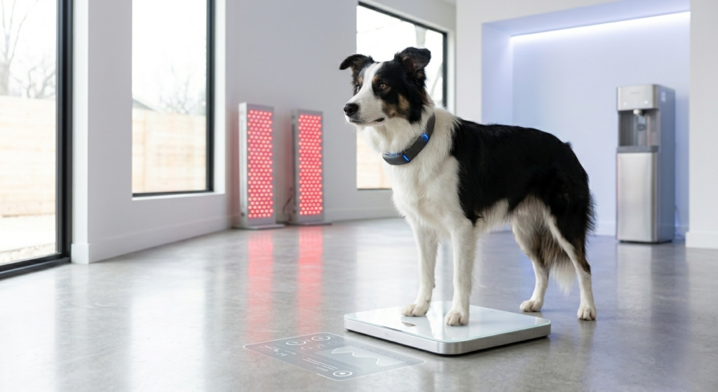 Dog standing on a digital scale