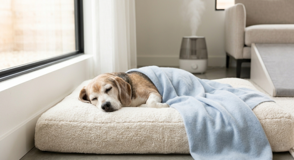 Dog resting on a cozy bed